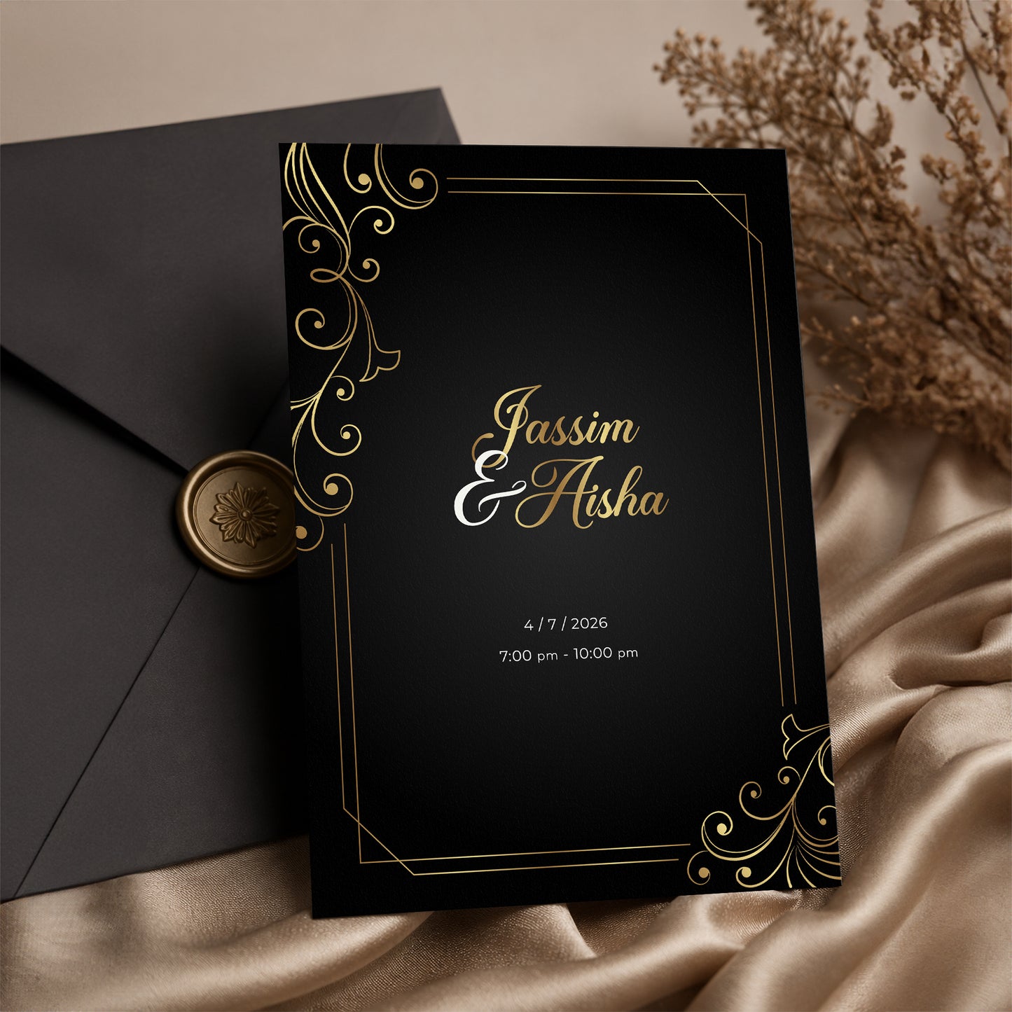 كرت زفاف ملكي لون أسود مع أزهار ذهبية – قالب احترافي قابل للتخصيص